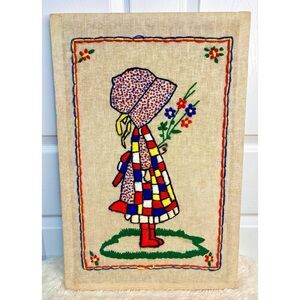 Vintage 70s Handmade Holly Hobbie Crewel Embroidered Picture 16x24”